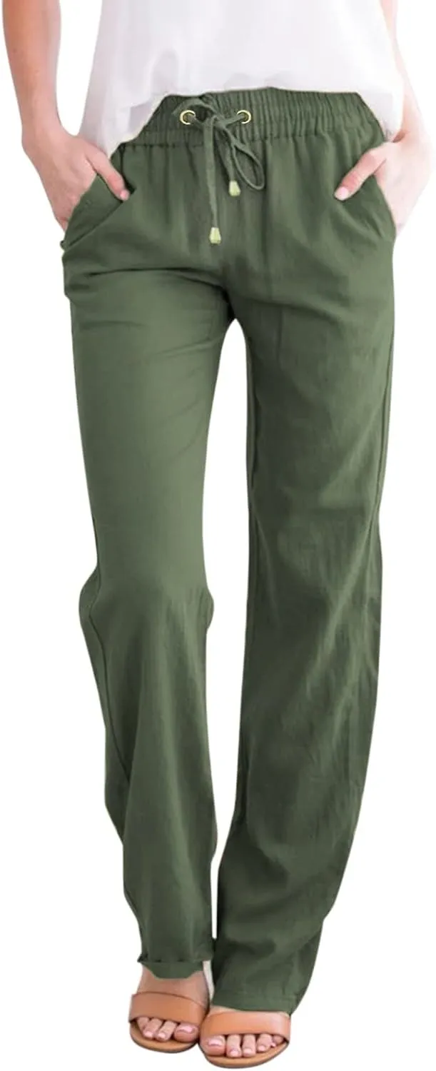 Womens Linen Pants 2025 Summer Casual Drawstring Elastic Waist Cotton Pants Petite Straight Leg Lounge Long Trousers