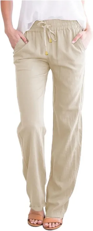 Womens Linen Pants 2025 Summer Casual Drawstring Elastic Waist Cotton Pants Petite Straight Leg Lounge Long Trousers