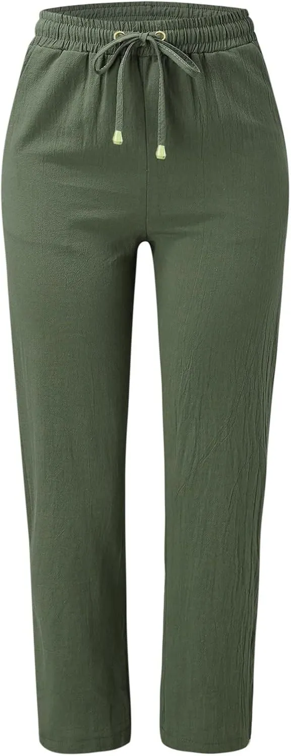 Womens Linen Pants 2025 Summer Casual Drawstring Elastic Waist Cotton Pants Petite Straight Leg Lounge Long Trousers