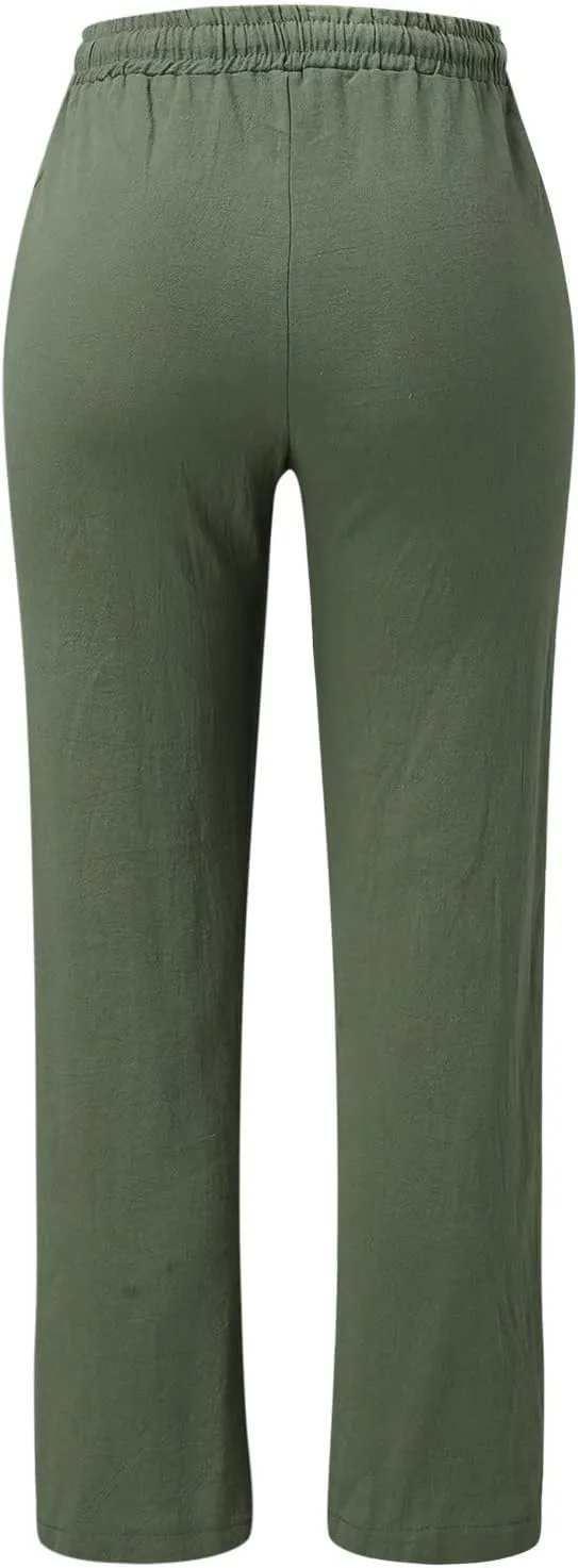 Womens Linen Pants 2025 Summer Casual Drawstring Elastic Waist Cotton Pants Petite Straight Leg Lounge Long Trousers