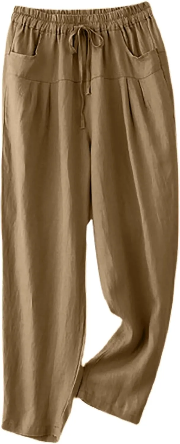 Women's Linen Pants Dressy Elastic Waist Wide Leg Flowy Pants Relaxed Fit High Waisted Plus Size Pants with Pckets