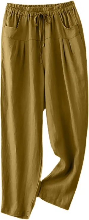 Women's Linen Pants Dressy Elastic Waist Wide Leg Flowy Pants Relaxed Fit High Waisted Plus Size Pants with Pckets