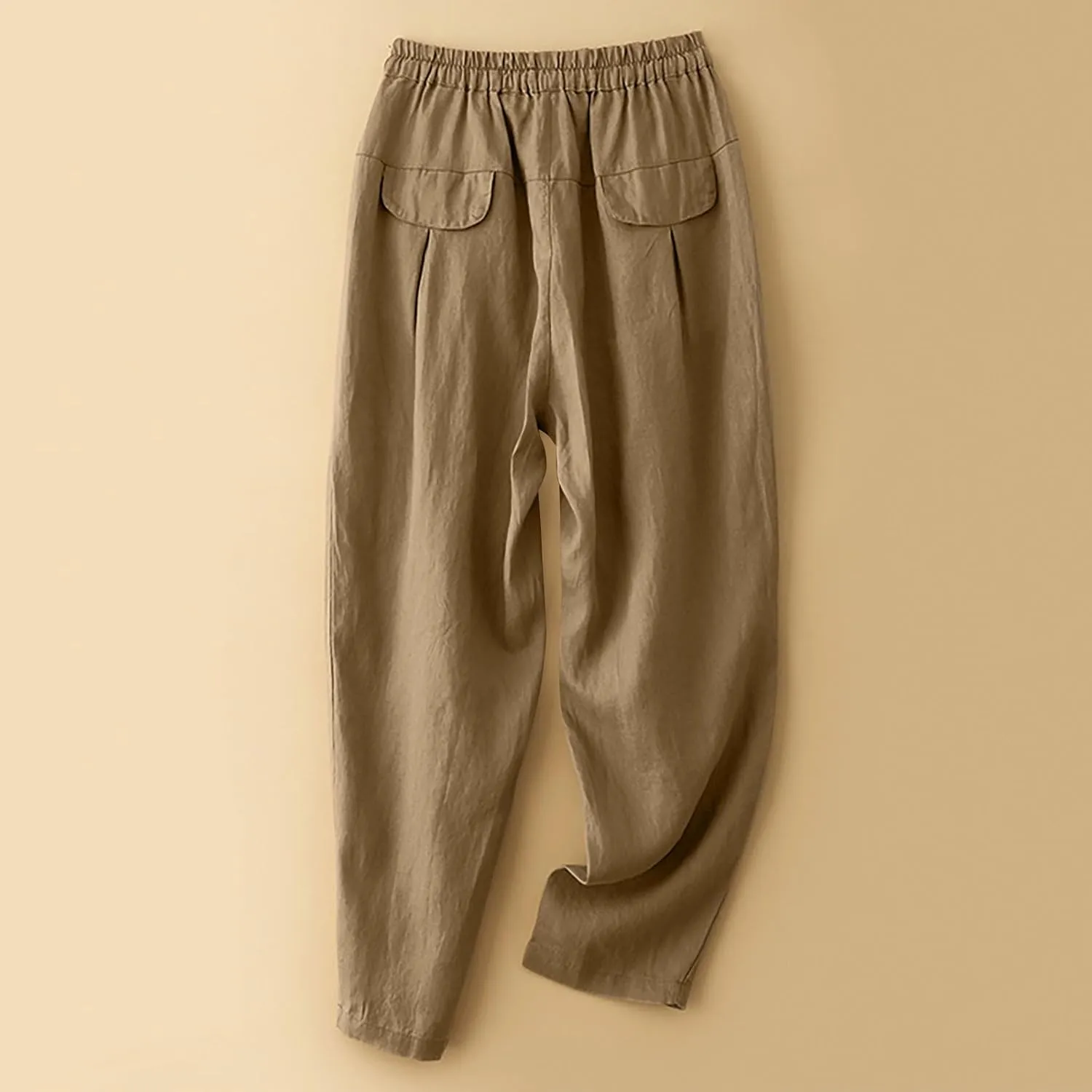 Women's Linen Pants Dressy Elastic Waist Wide Leg Flowy Pants Relaxed Fit High Waisted Plus Size Pants with Pckets