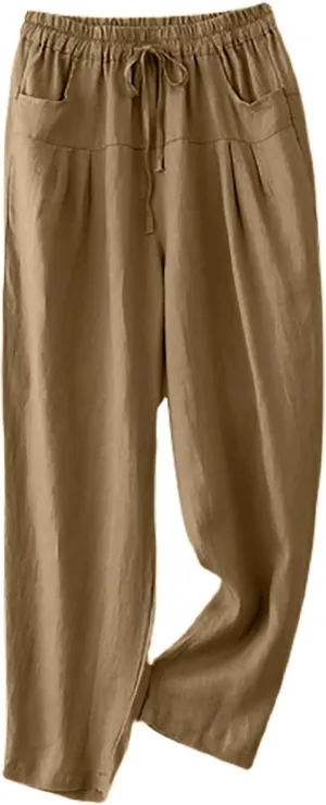 Women's Linen Pants Dressy Elastic Waist Wide Leg Flowy Pants Relaxed Fit High Waisted Plus Size Pants with Pckets
