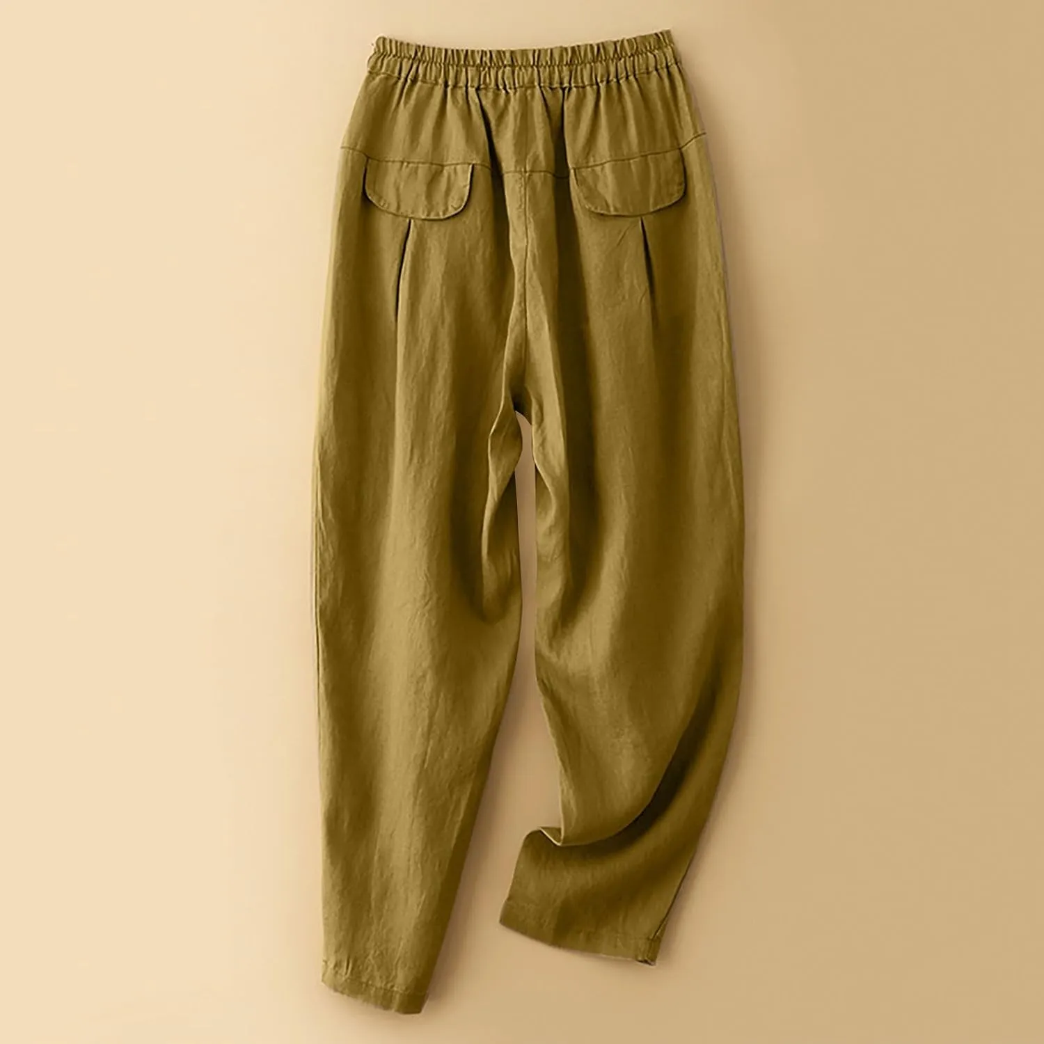 Women's Linen Pants Dressy Elastic Waist Wide Leg Flowy Pants Relaxed Fit High Waisted Plus Size Pants with Pckets
