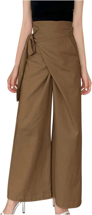 Womens Linen Pants Wide Leg High Waisted Palazzo Vacation Pants with Adjustable Tie Belt Casual Solid Summer Trousers