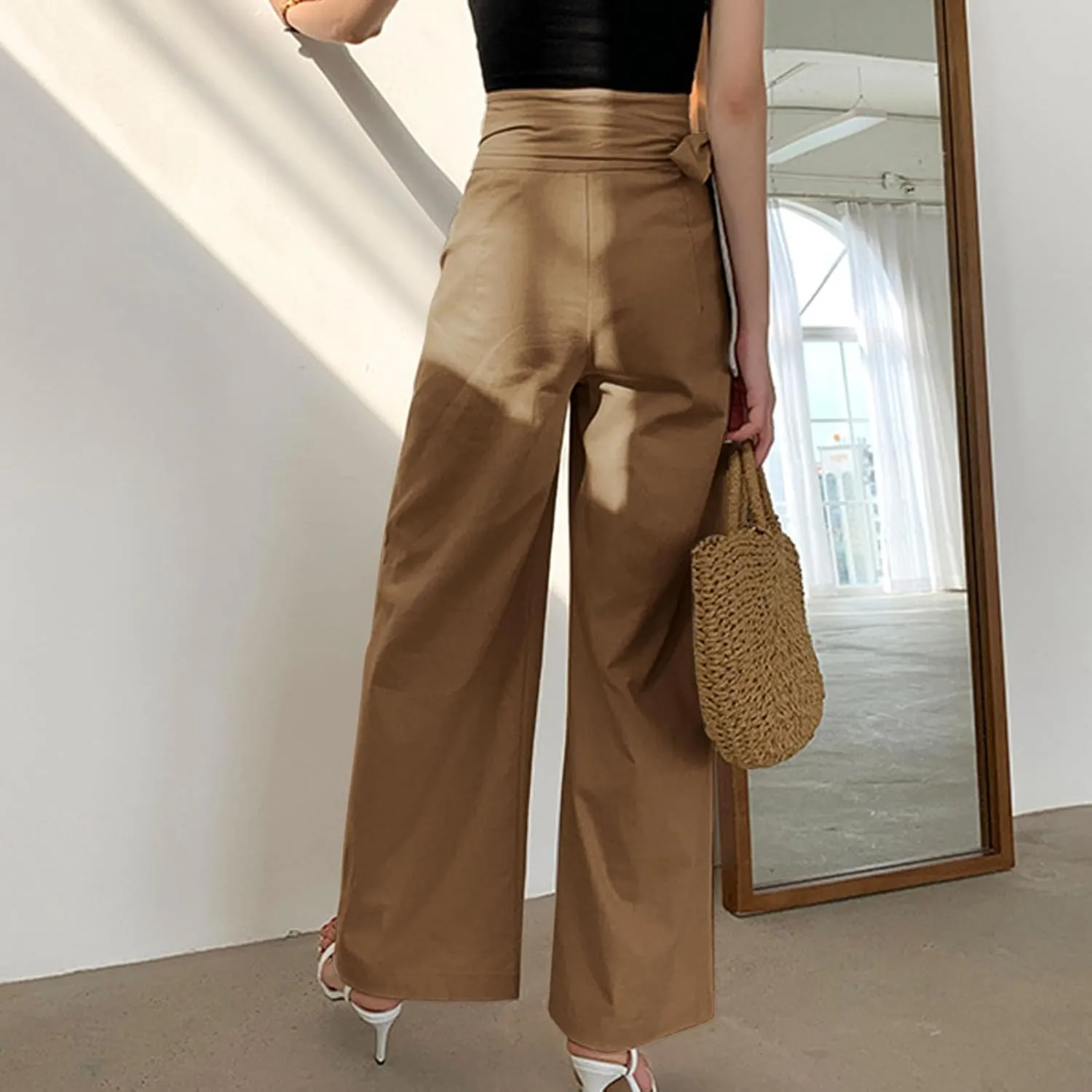 Womens Linen Pants Wide Leg High Waisted Palazzo Vacation Pants with Adjustable Tie Belt Casual Solid Summer Trousers