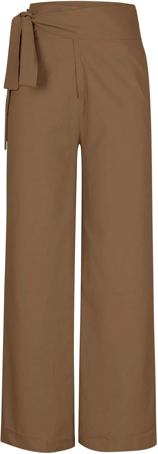 Womens Linen Pants Wide Leg High Waisted Palazzo Vacation Pants with Adjustable Tie Belt Casual Solid Summer Trousers