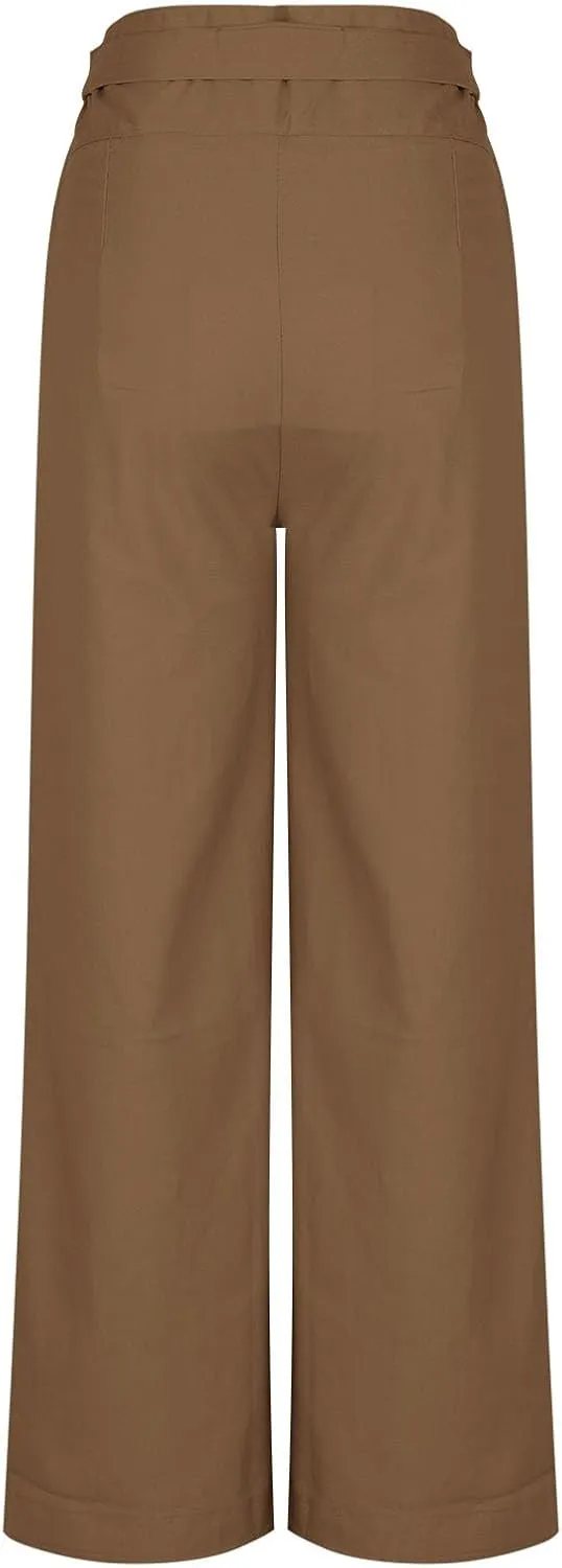 Womens Linen Pants Wide Leg High Waisted Palazzo Vacation Pants with Adjustable Tie Belt Casual Solid Summer Trousers