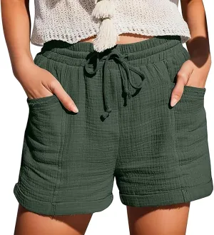 Womens Linen Shorts 2025 Summer Wide Leg Drawstring Lightweight Shorts with Pockets Casual Beach Short Pants
