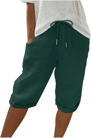 Women's Linen Shorts Summer Fashion Drawstring Elastic Casual Shorts Solid Beach Vacation Clothes