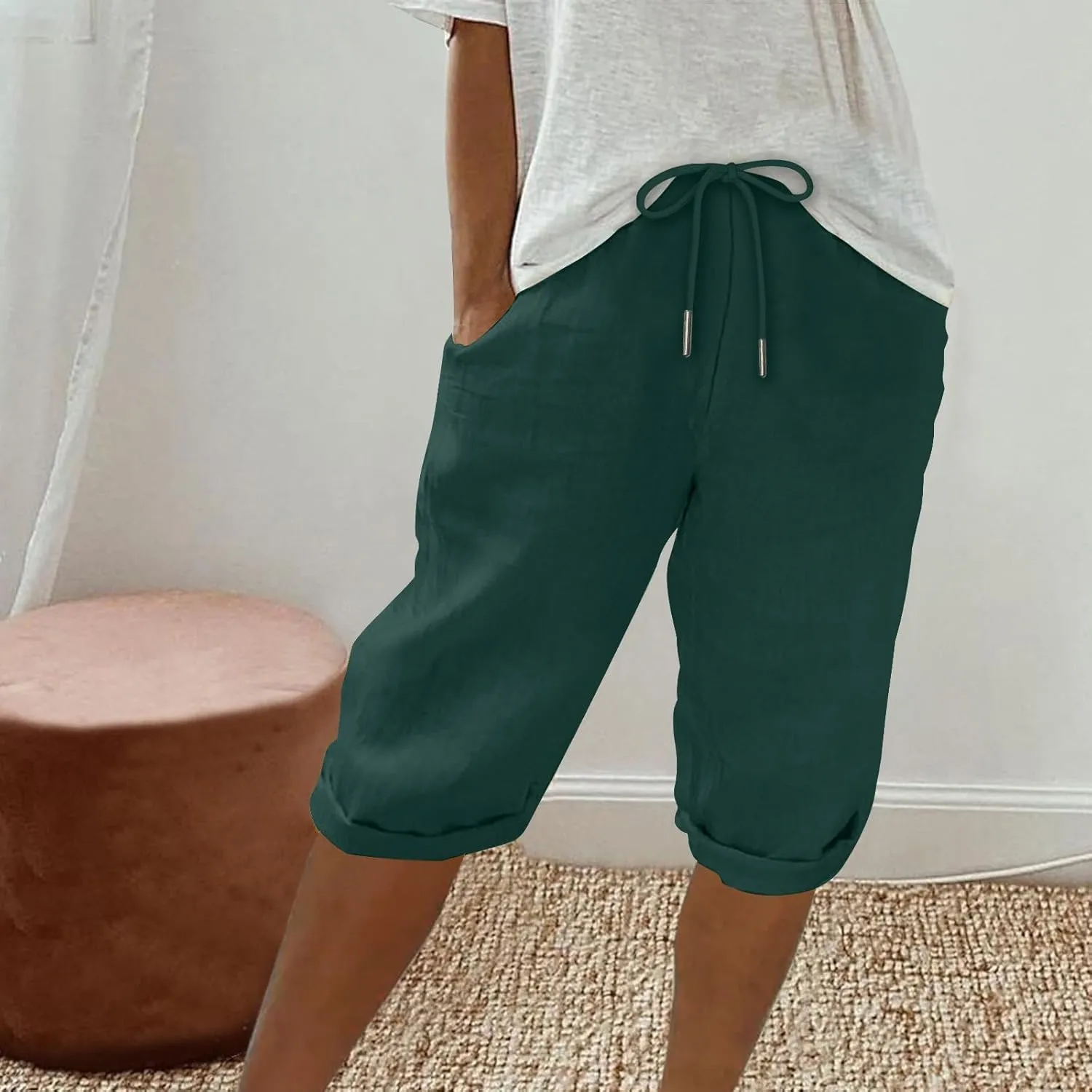 Women's Linen Shorts Summer Fashion Drawstring Elastic Casual Shorts Solid Beach Vacation Clothes