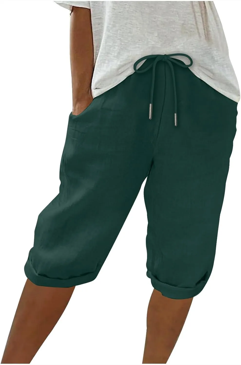 Women's Linen Shorts Summer Fashion Drawstring Elastic Casual Shorts Solid Beach Vacation Clothes