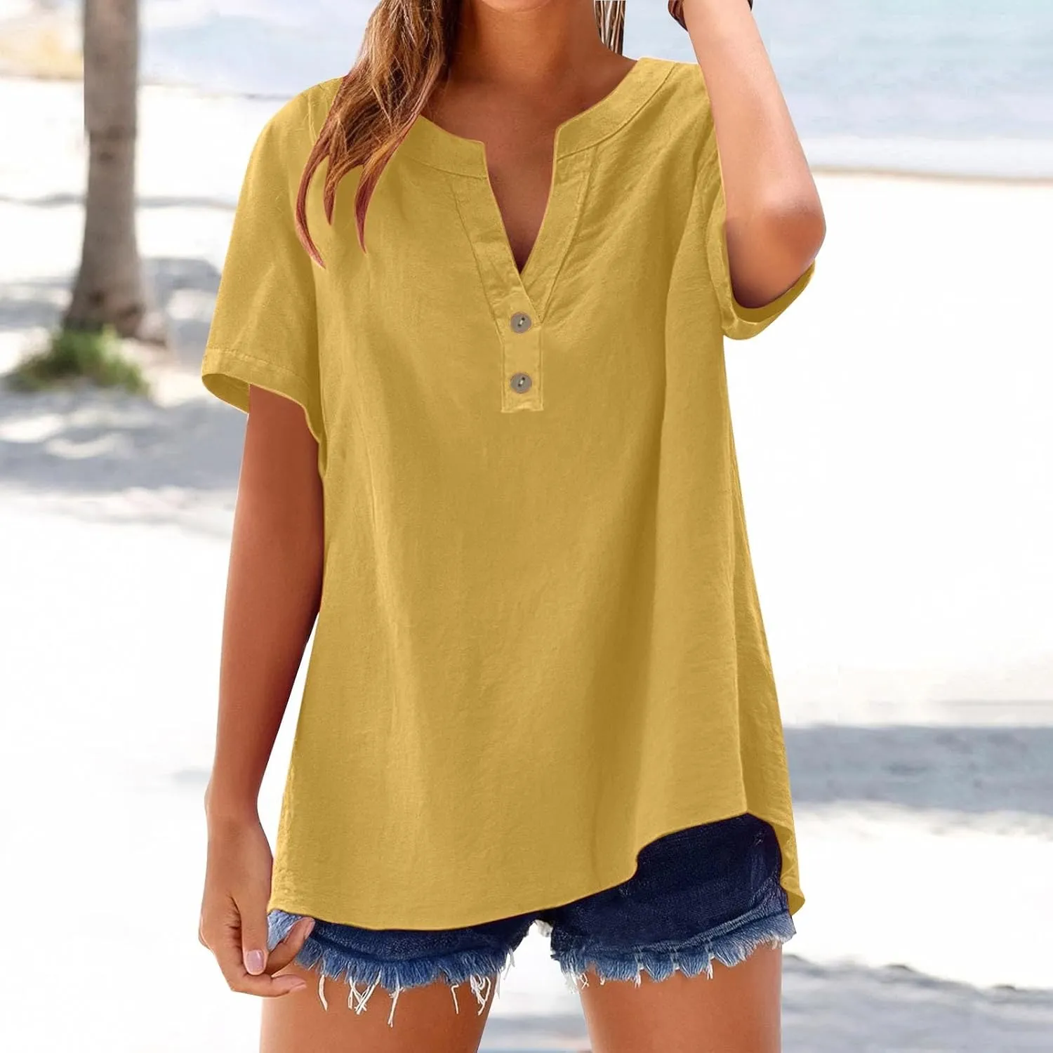 Women's Linen V Neck Shirt Trendy Short Sleeve Button Summer T-Shirts Loose Vacation Beach Solid Blouses Tunic Tops