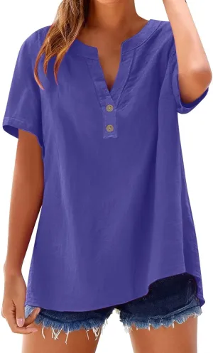 Women's Linen V Neck Shirt Trendy Short Sleeve Button Summer T-Shirts Loose Vacation Beach Solid Blouses Tunic Tops