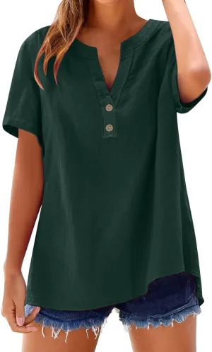 Women's Linen V Neck Shirt Trendy Short Sleeve Button Summer T-Shirts Loose Vacation Beach Solid Blouses Tunic Tops