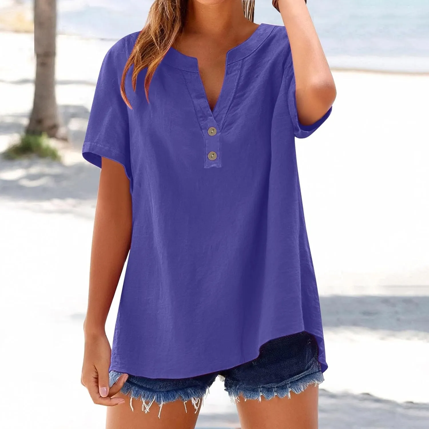 Women's Linen V Neck Shirt Trendy Short Sleeve Button Summer T-Shirts Loose Vacation Beach Solid Blouses Tunic Tops