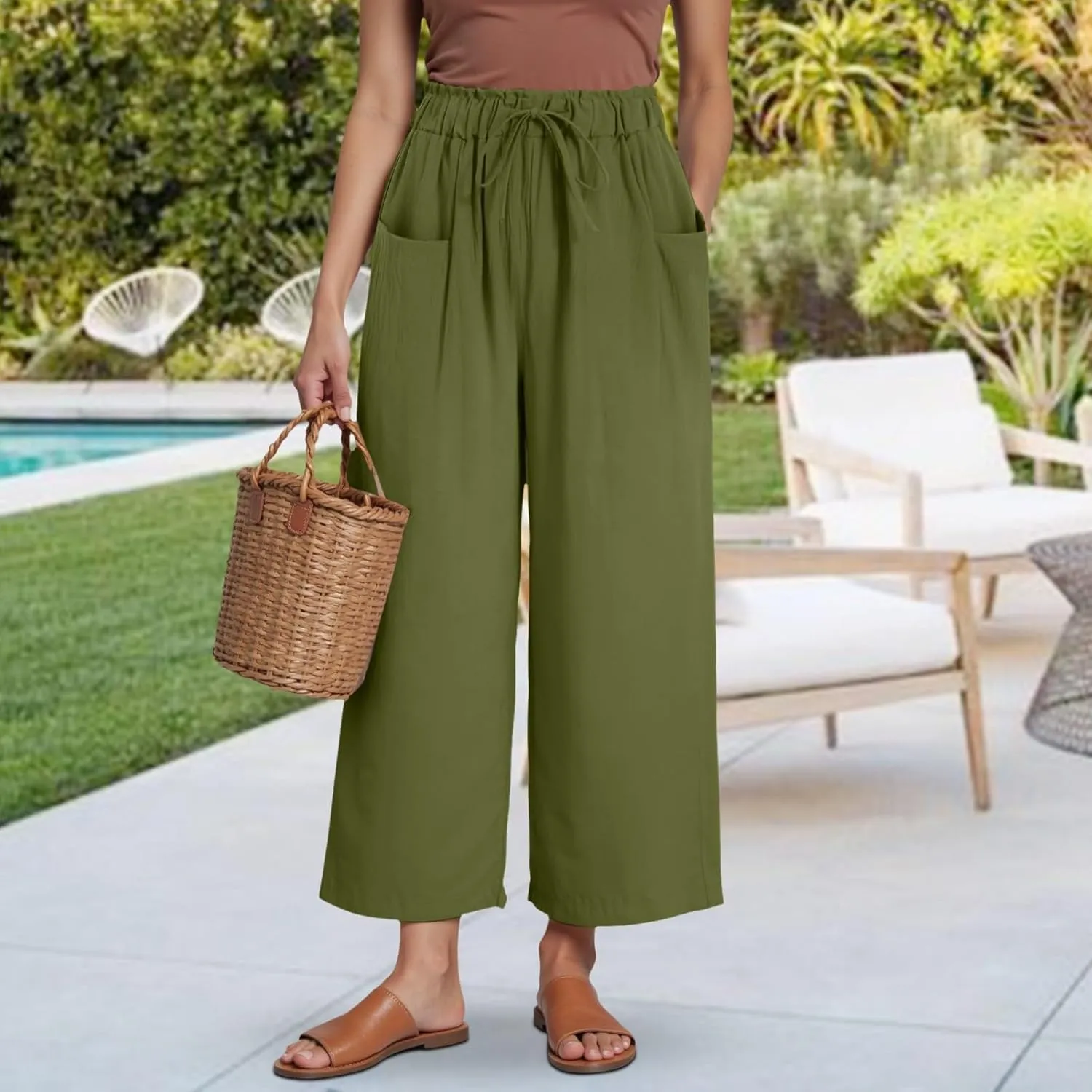 Womens Linen Wide Leg Pants Womens Linen Pants Wide Leg for Women High Waist Casual Relaxed with Pockets Inseam