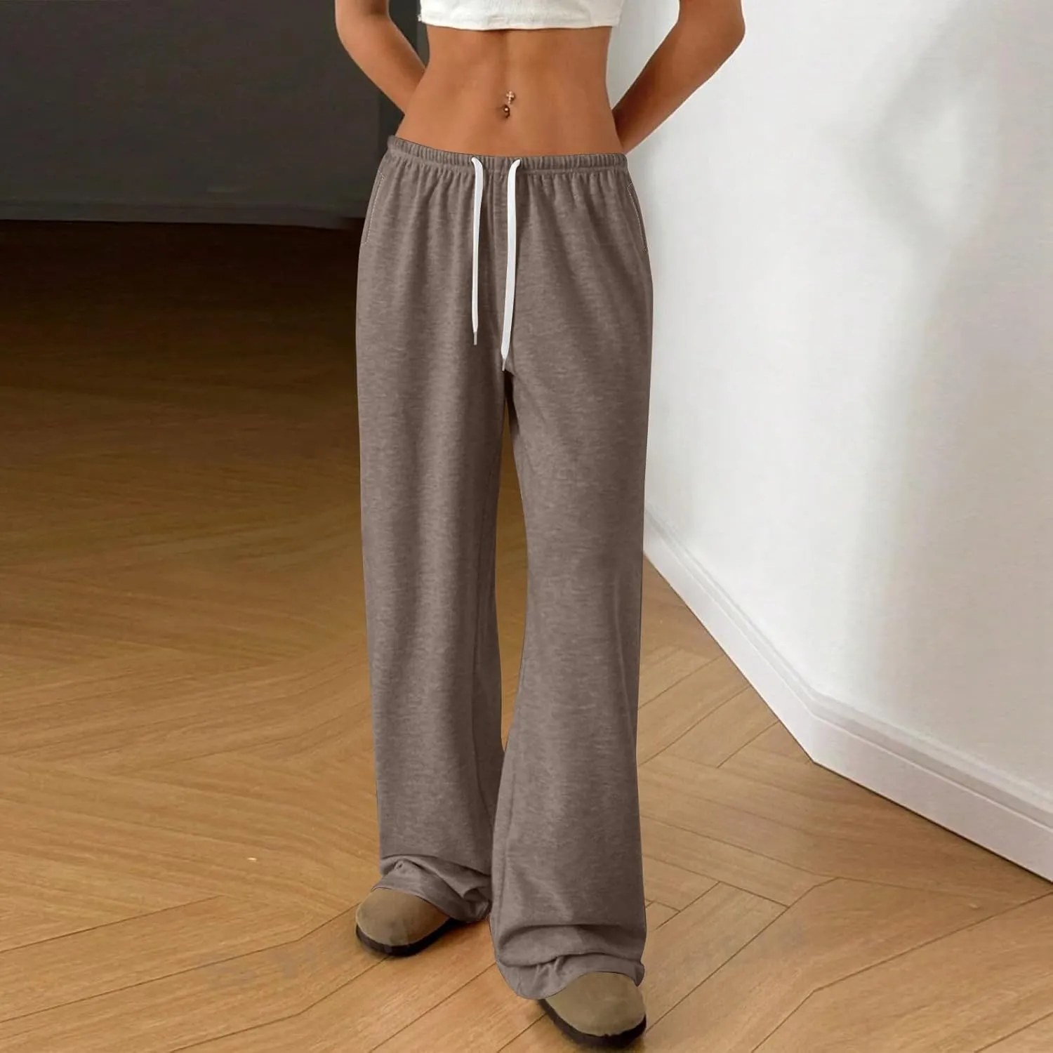 Womens Low Rise Baggy Sweatpants Elastic Drawstring Wide Leg Workout Pants Lightweight Yoga Track Pants with Pockets