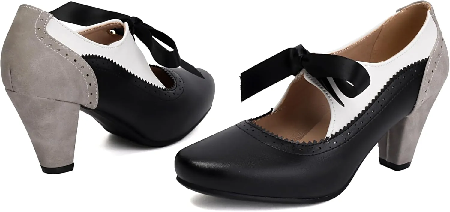 Women's Mary Jane Close Round Toe Vintage Ankle Strap Rockability 1950s Gatsby Heels Retro 1920s Victorian Pumps Shoes