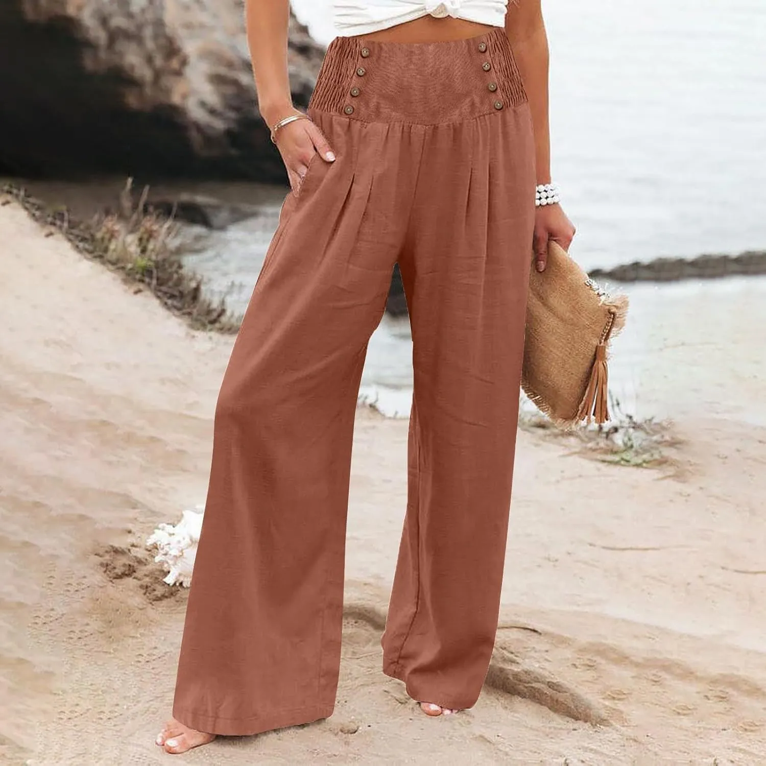 Womens Palazzo Pants Dressy Casual 2024 High Waisted Wide Leg Paperbag Lounge Pants Button Decor Flowy Beach Trousers