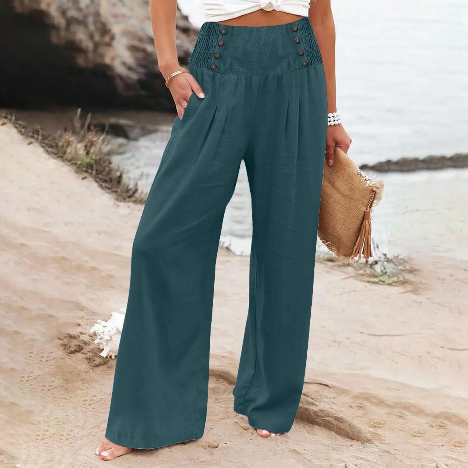 Womens Palazzo Pants Dressy Casual 2024 High Waisted Wide Leg Paperbag Lounge Pants Button Decor Flowy Beach Trousers