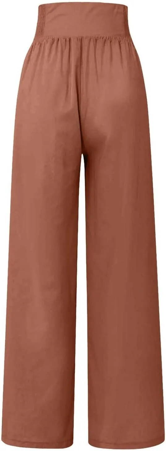 Womens Palazzo Pants Dressy Casual 2024 High Waisted Wide Leg Paperbag Lounge Pants Button Decor Flowy Beach Trousers