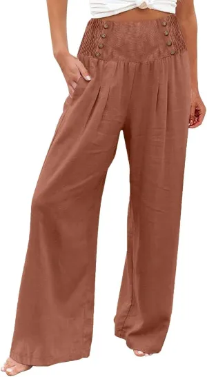 Womens Palazzo Pants Dressy Casual 2024 High Waisted Wide Leg Paperbag Lounge Pants Button Decor Flowy Beach Trousers