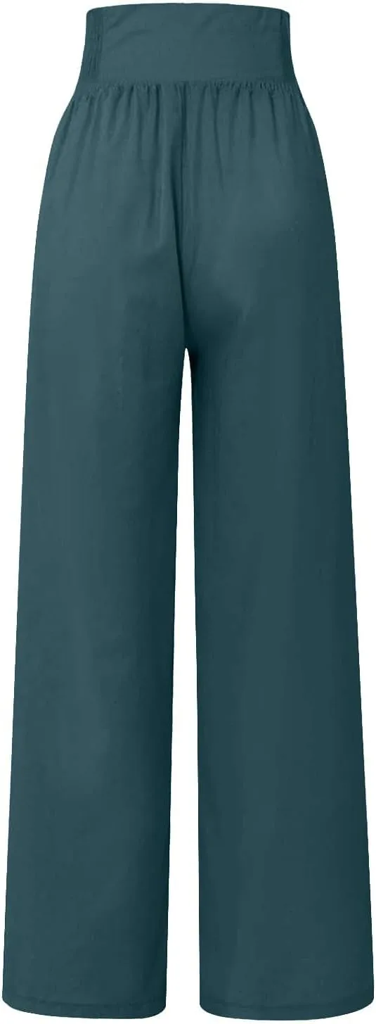 Womens Palazzo Pants Dressy Casual 2024 High Waisted Wide Leg Paperbag Lounge Pants Button Decor Flowy Beach Trousers