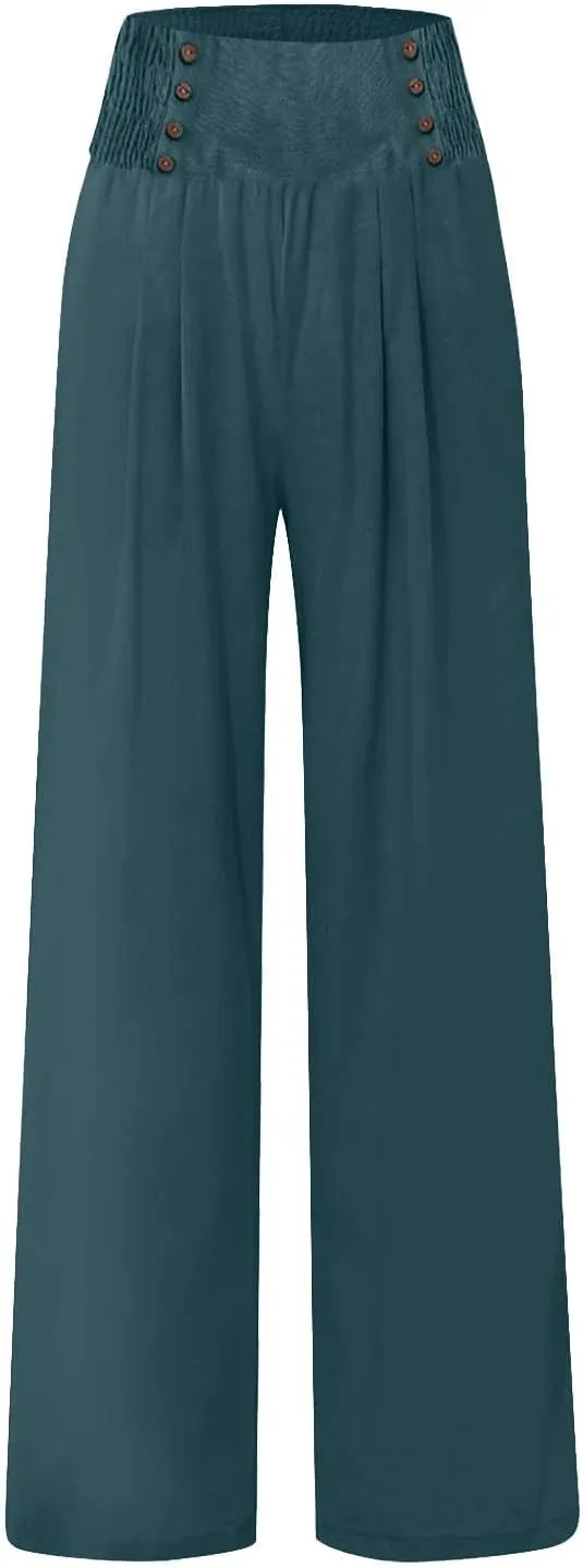 Womens Palazzo Pants Dressy Casual 2024 High Waisted Wide Leg Paperbag Lounge Pants Button Decor Flowy Beach Trousers