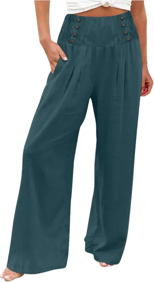 Womens Palazzo Pants Dressy Casual 2024 High Waisted Wide Leg Paperbag Lounge Pants Button Decor Flowy Beach Trousers