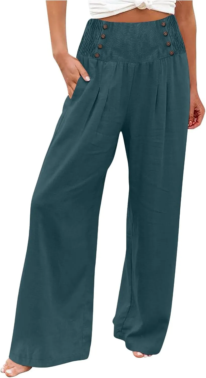 Womens Palazzo Pants Dressy Casual 2024 High Waisted Wide Leg Paperbag Lounge Pants Button Decor Flowy Beach Trousers