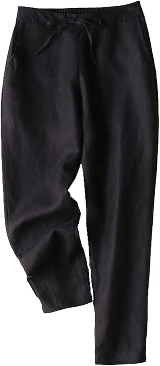 Women's Pants 2025 Cotton Linen Drawstring Elastic Waist Fashion Solid Color Trouser Loose Casual Comfy Length Pant