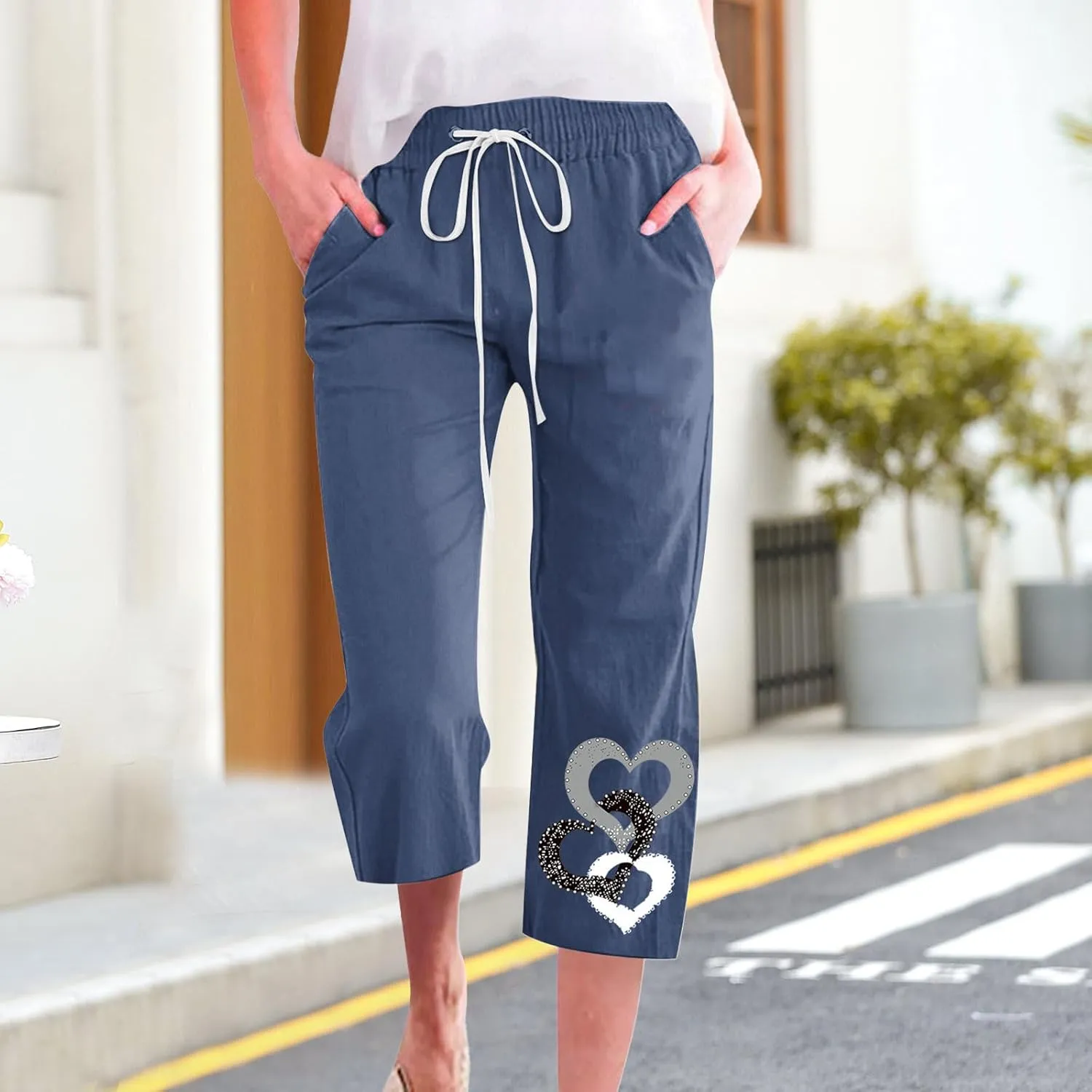 Womens Pants Drawstring Casual Lightweight Straight Leg Pants Loose Comfy Heart-Shaped Print Trousers with Pockets