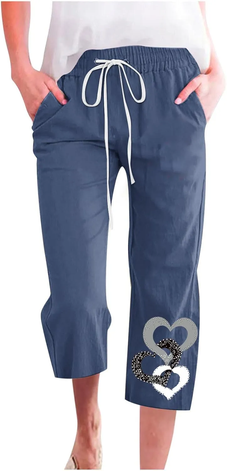 Womens Pants Drawstring Casual Lightweight Straight Leg Pants Loose Comfy Heart-Shaped Print Trousers with Pockets