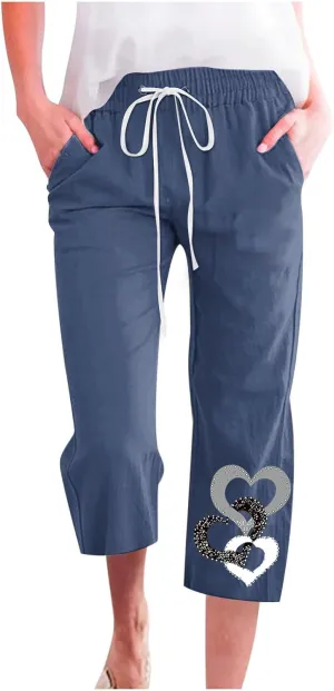 Womens Pants Drawstring Casual Lightweight Straight Leg Pants Loose Comfy Heart-Shaped Print Trousers with Pockets