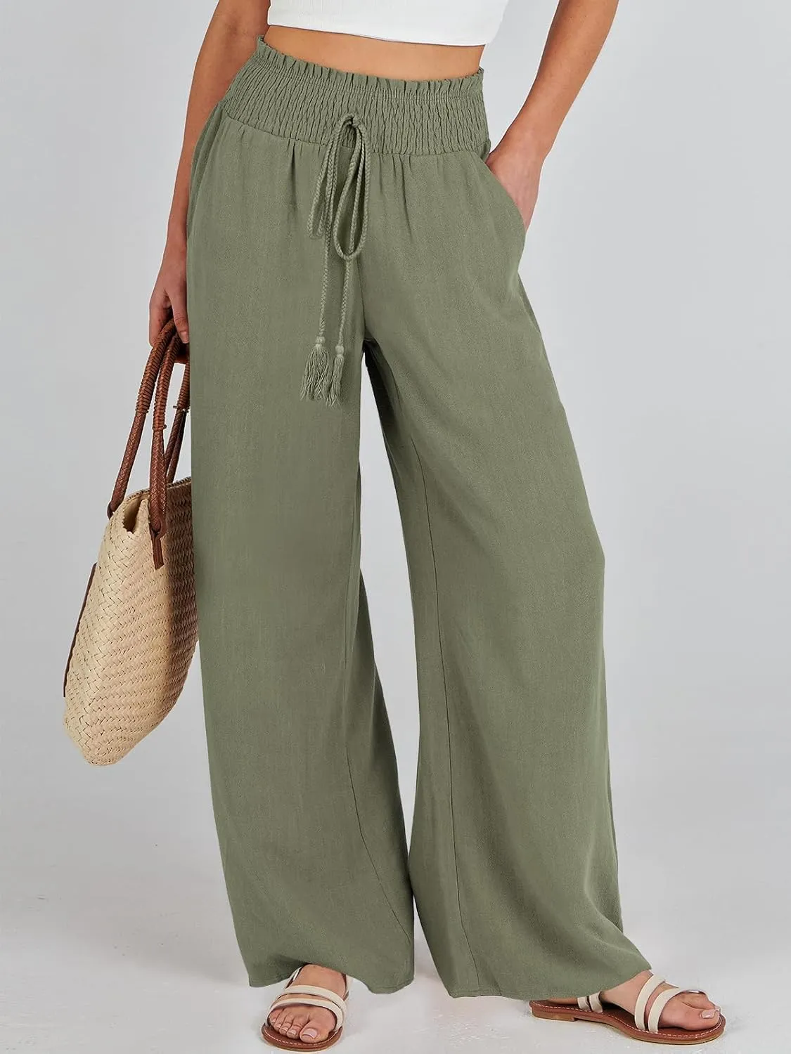 Women's Pants Summer Business Casual Dressy Palazzo Pants Drawstring High Waist Wide Leg Trousers Vacation 2025
