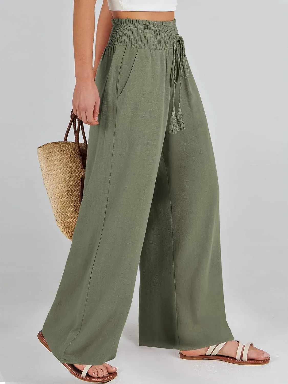 Women's Pants Summer Business Casual Dressy Palazzo Pants Drawstring High Waist Wide Leg Trousers Vacation 2025