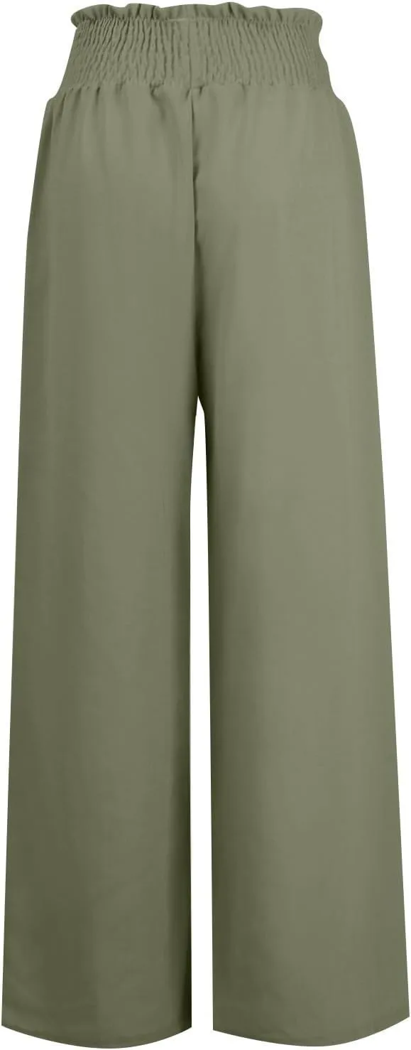 Women's Pants Summer Business Casual Dressy Palazzo Pants Drawstring High Waist Wide Leg Trousers Vacation 2025