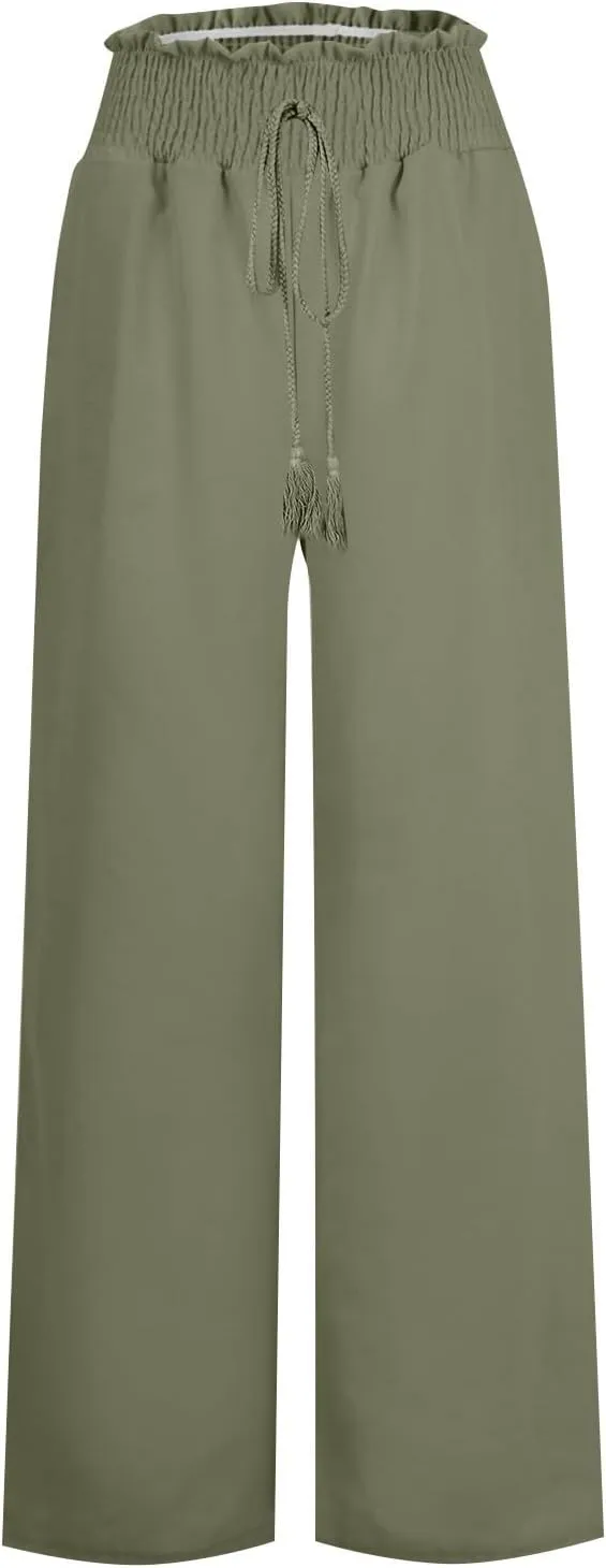Women's Pants Summer Business Casual Dressy Palazzo Pants Drawstring High Waist Wide Leg Trousers Vacation 2025