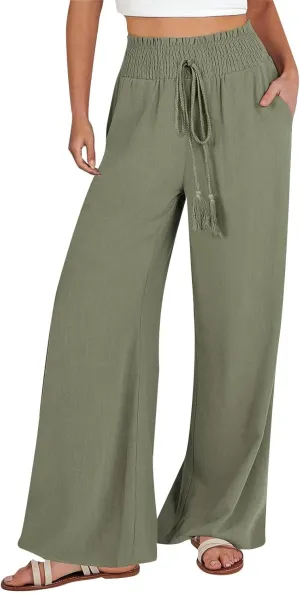 Women's Pants Summer Business Casual Dressy Palazzo Pants Drawstring High Waist Wide Leg Trousers Vacation 2025