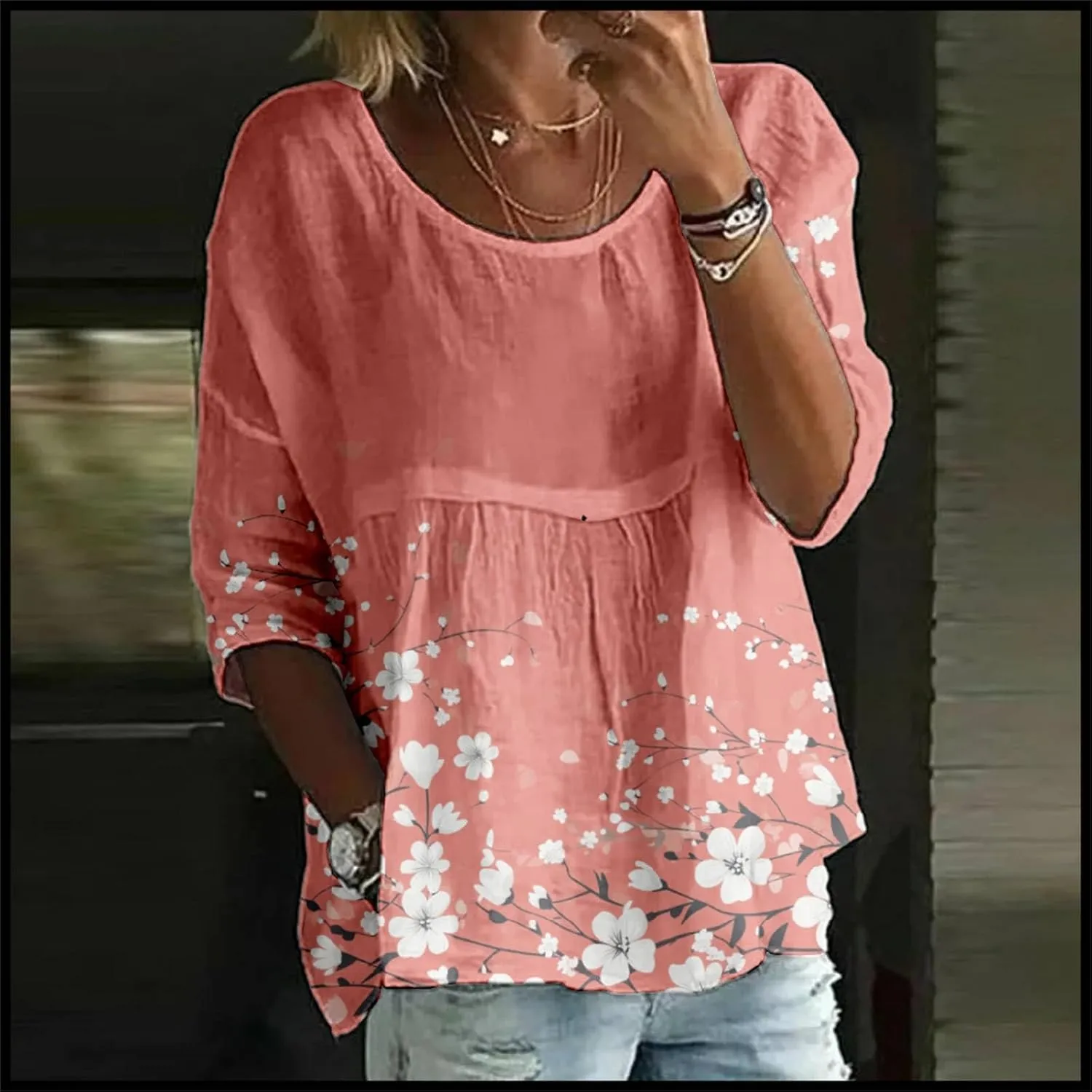 Women's Peasant Boho Tunic Tops 3/4 Length Sleeve Floral Print Round Neck Tee Shirt Trendy Loose Fit Flowy Blouses
