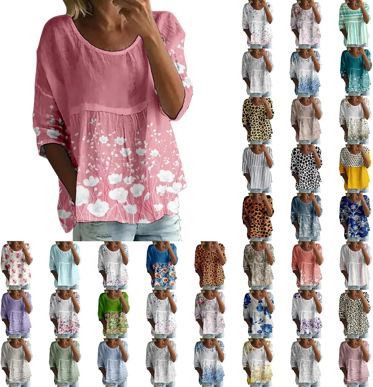 Women's Peasant Boho Tunic Tops 3/4 Length Sleeve Floral Print Round Neck Tee Shirt Trendy Loose Fit Flowy Blouses