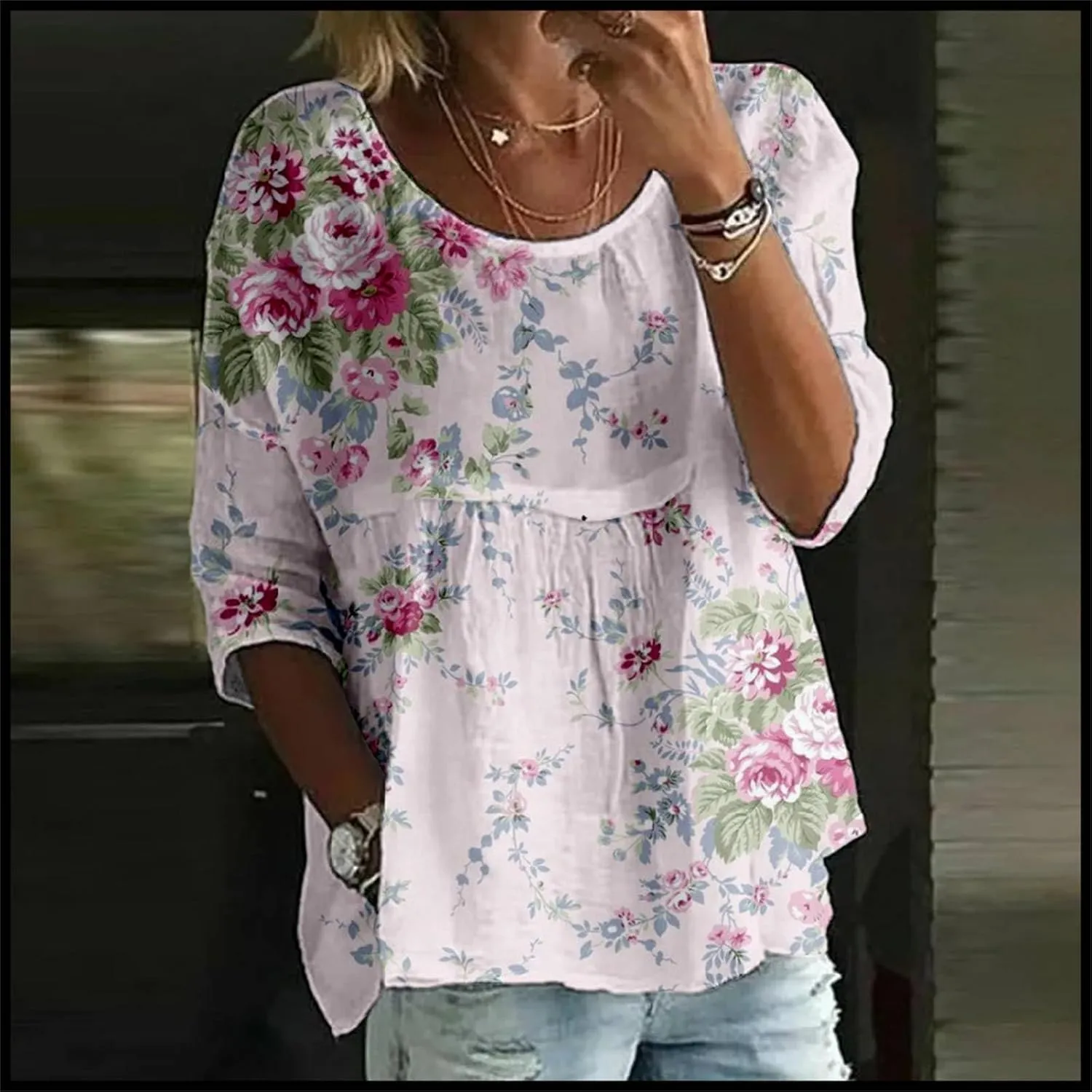 Women's Peasant Boho Tunic Tops 3/4 Length Sleeve Floral Print Round Neck Tee Shirt Trendy Loose Fit Flowy Blouses
