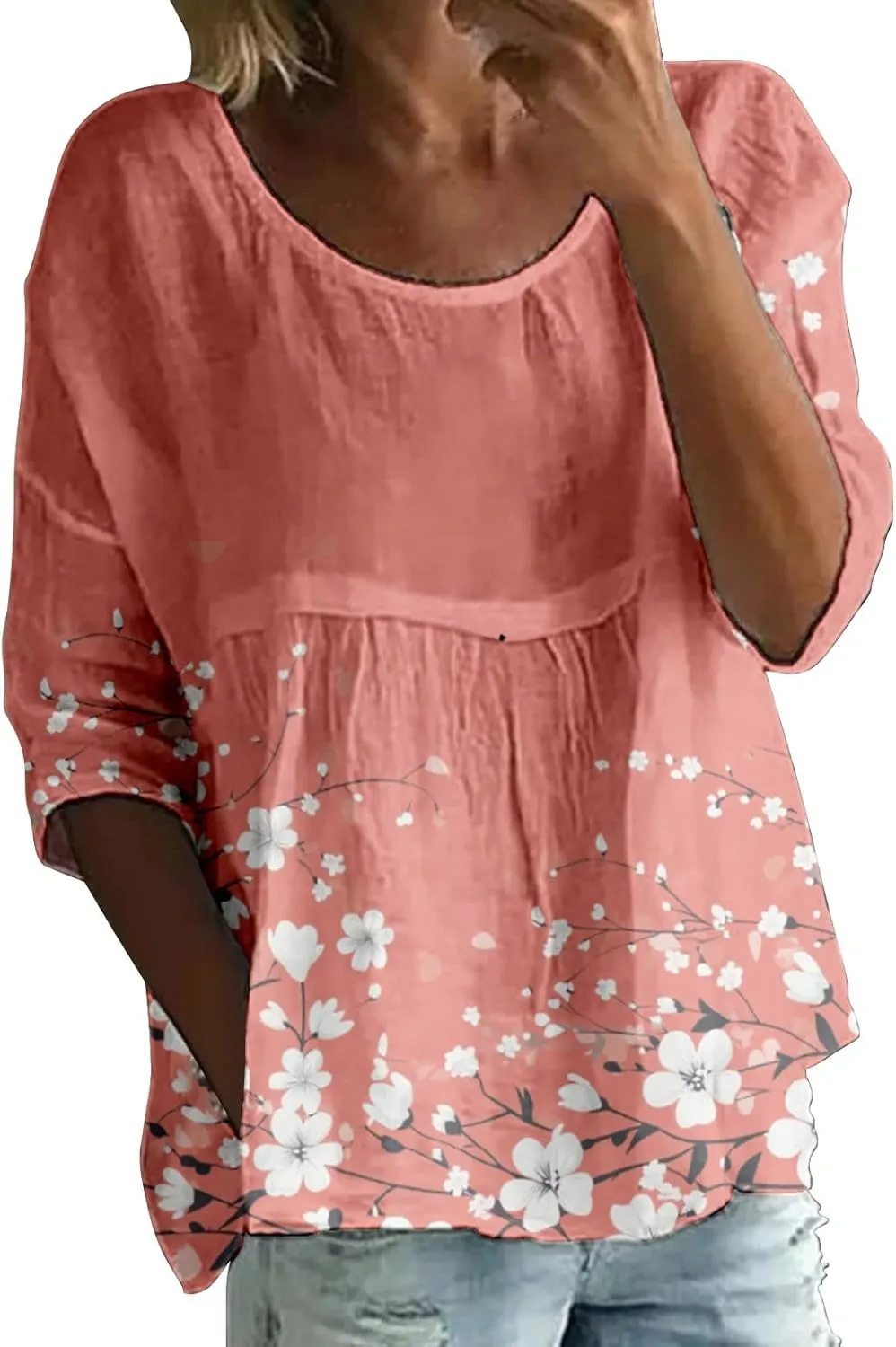 Women's Peasant Boho Tunic Tops 3/4 Length Sleeve Floral Print Round Neck Tee Shirt Trendy Loose Fit Flowy Blouses