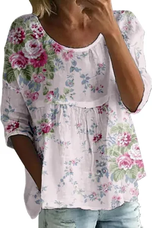 Women's Peasant Boho Tunic Tops 3/4 Length Sleeve Floral Print Round Neck Tee Shirt Trendy Loose Fit Flowy Blouses