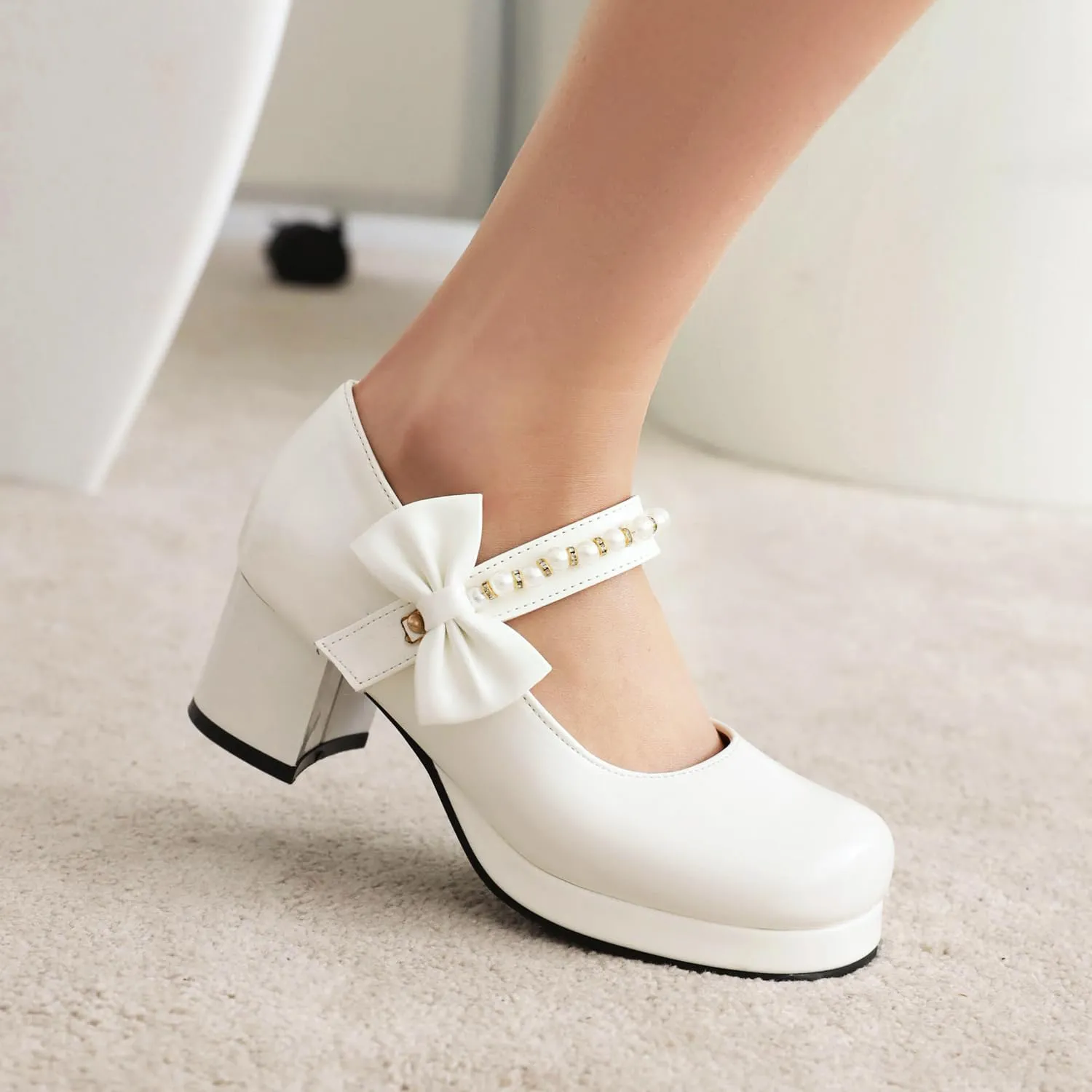 Women's Platform Mary Janes Chunky High Heel Kawaii Ankle Strap Patent Pumps Closed Round Toe Cute Bow Party Dress Goth Shoes