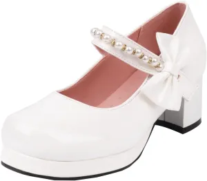 Women's Platform Mary Janes Chunky High Heel Kawaii Ankle Strap Patent Pumps Closed Round Toe Cute Bow Party Dress Goth Shoes