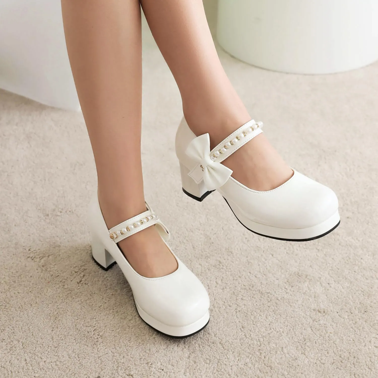 Women's Platform Mary Janes Chunky High Heel Kawaii Ankle Strap Patent Pumps Closed Round Toe Cute Bow Party Dress Goth Shoes