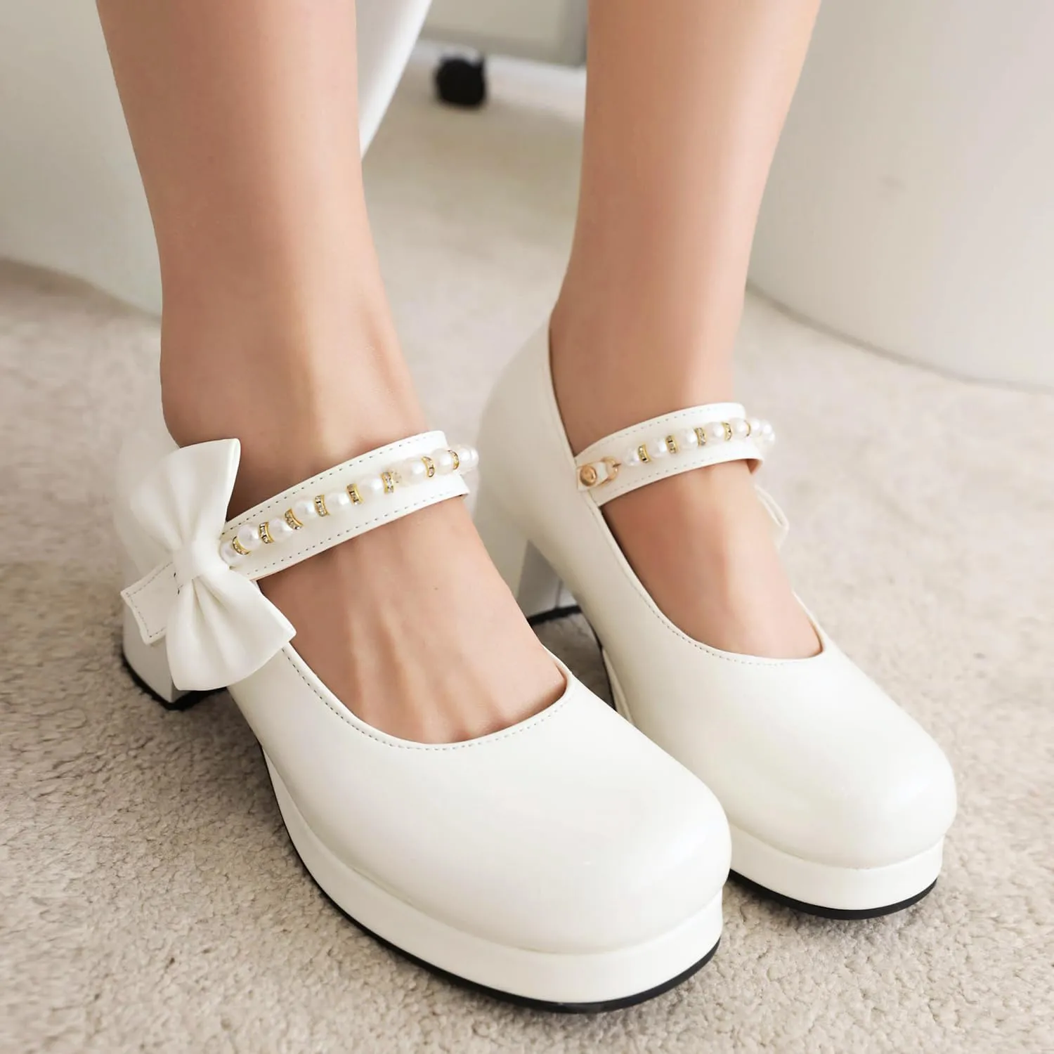 Women's Platform Mary Janes Chunky High Heel Kawaii Ankle Strap Patent Pumps Closed Round Toe Cute Bow Party Dress Goth Shoes
